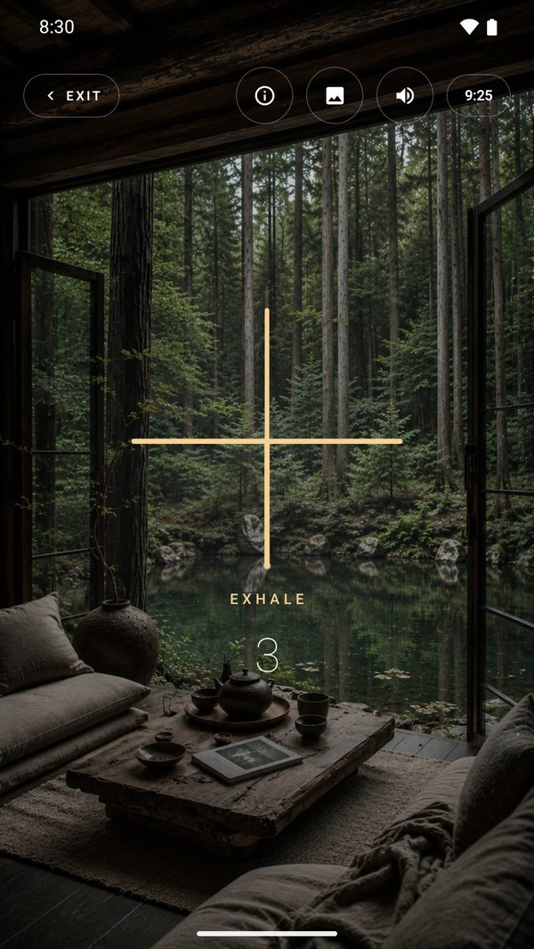 An Android 4·7·8 session with a gold pine drawing over a cabin and pond