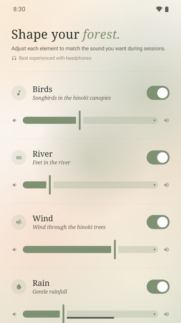 The Android sound mixer with birds, river, wind and rain