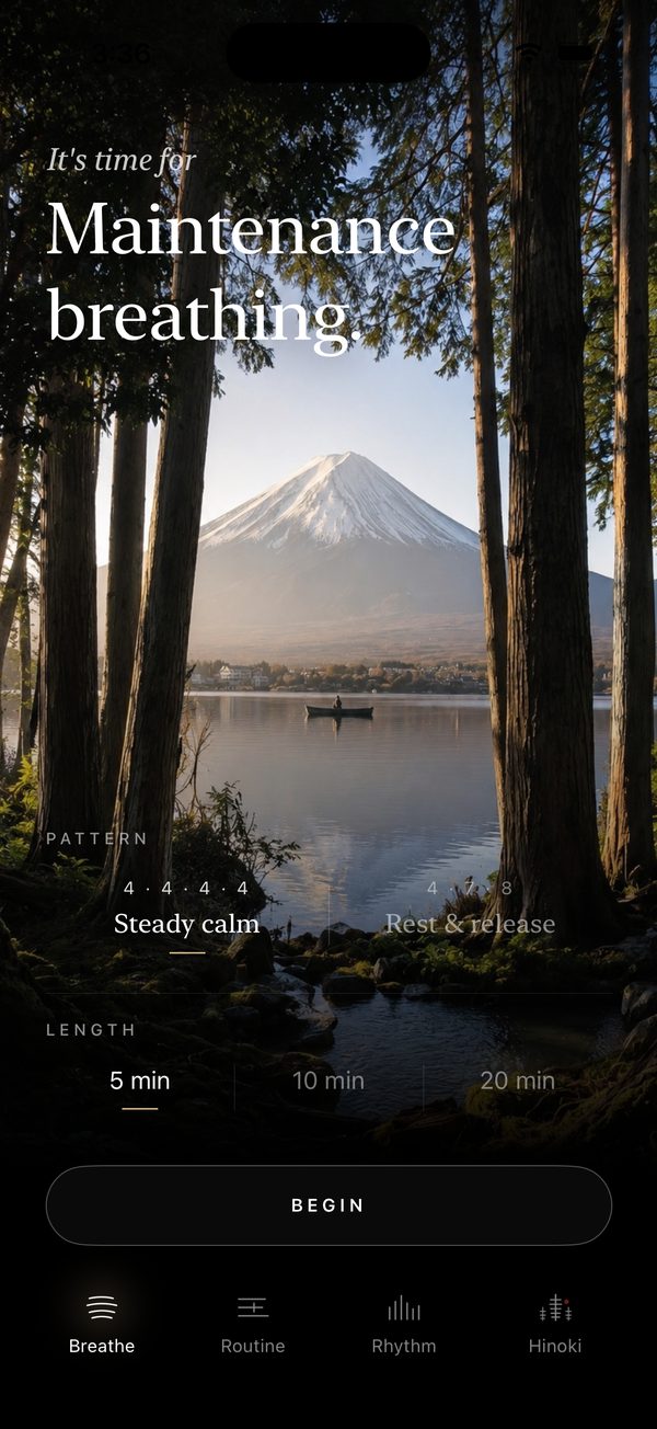 The iPhone home screen: Maintenance breathing over Mount Fuji, with pattern and length pickers