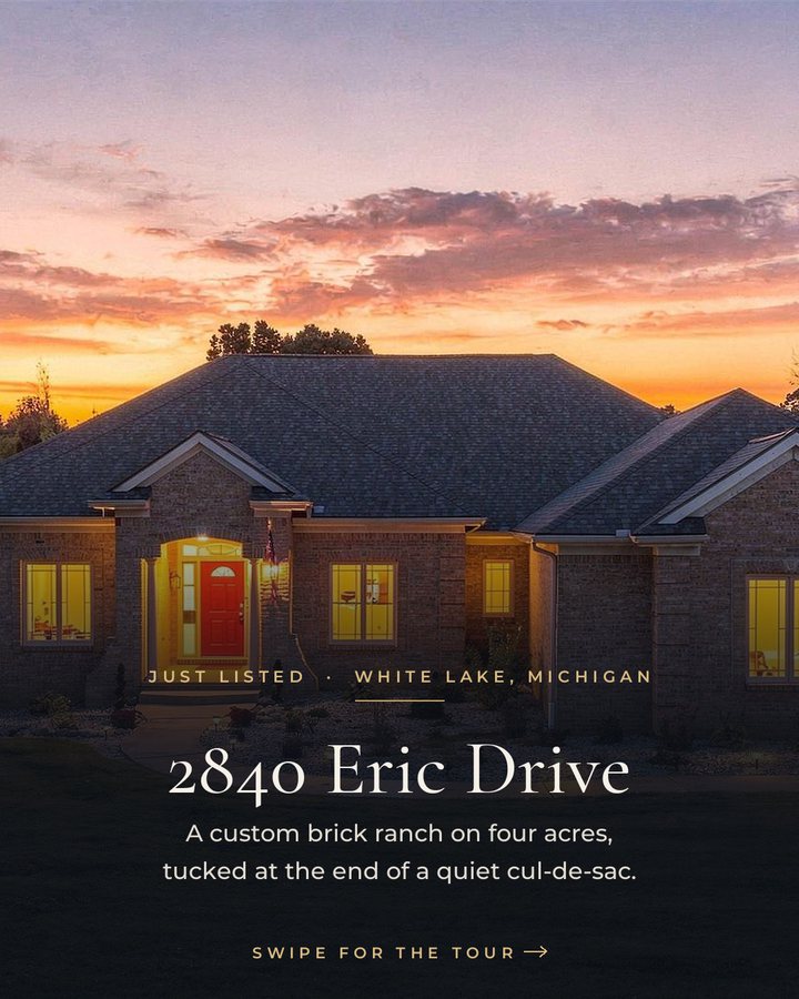 Slide 1: 2840 Eric Drive at dusk, just listed in White Lake