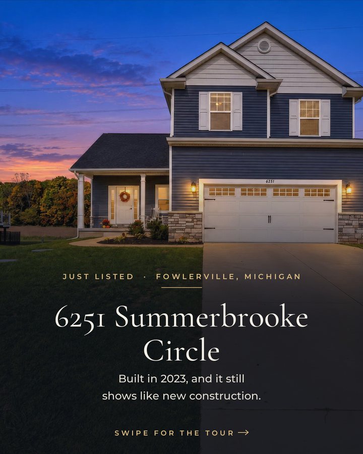 Slide 1: 6251 Summerbrooke Circle at dusk, just listed in Fowlerville