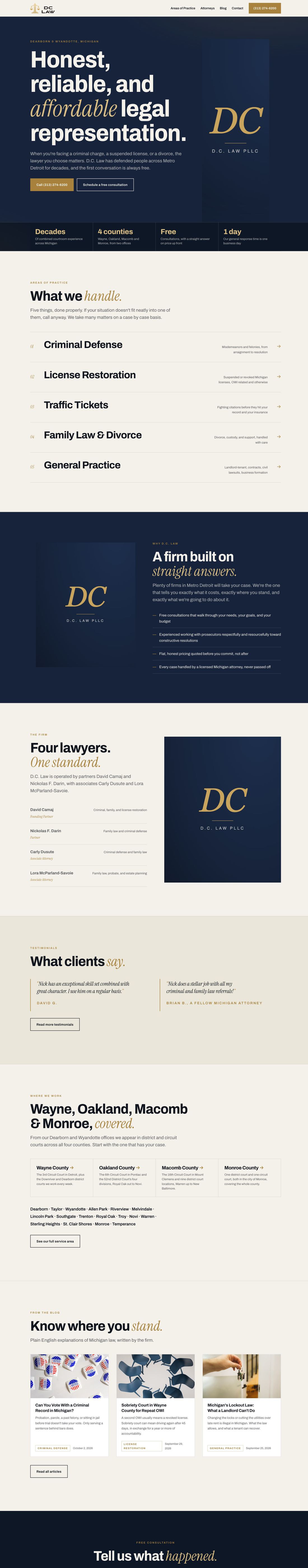 The D.C. Law homepage: navy and brass, practice areas, the firm and its attorneys